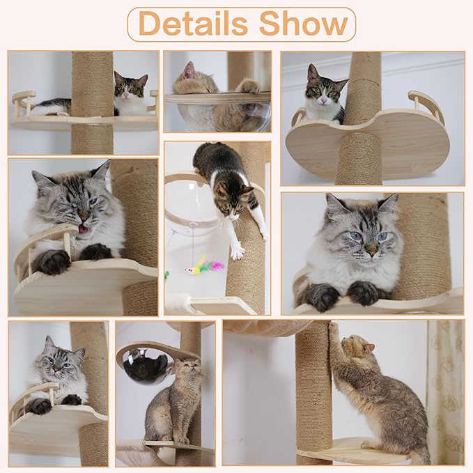 Floor to Ceiling Cat Tree Height (50-120 in) Adjustable Cat Tower 5 Tier Hemp Scratching Post High Cat Tree Sturdy Activity Tree Indoor Outdoor Cat Scratching Post Activity Center-PawvioPets