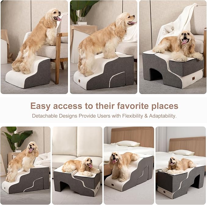 Dog Stairs for High Beds with Tunnel, 4-Step Dog Steps for Small Dogs and Cats, Foldable Pet Stairs for High Bed Climbing, Non-Slip Balanced Pet Step Indoor, Beige-PawvioPets