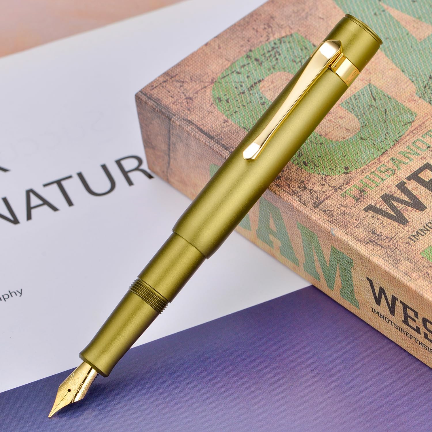 HONG DIAN M2 Black Forest Mini Fountain Pen, Fine Soft Nib & Sleek Shape Aluminium Short Pocket Travel Pen (Olive Green)