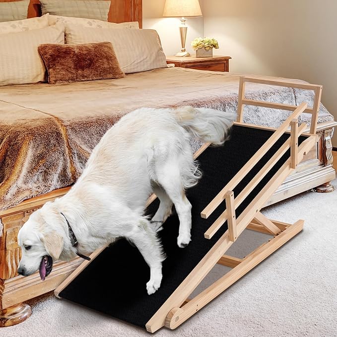 Dog Ramp for Bed, Adjustable Pet Ramps for Dog to Get on Bed, Non-Slip Rubber Surface - Folding Wooden Dog Ramp for Small/Large/Old Dogs, Adjustable up to 27.5 inch High Beds, Safety Railings-PawvioPets