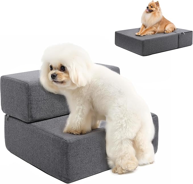 Foldable 18 Inch Wide Dog Stairs for Small Dogs, 12 Inch Height Foam Dog Steps for Bed & Couch, Linen Covered Pet Stairs for Dogs to Get on Bed, Indoor Foam Pet 2 Steps for for Cat and Puppy-PawvioPets
