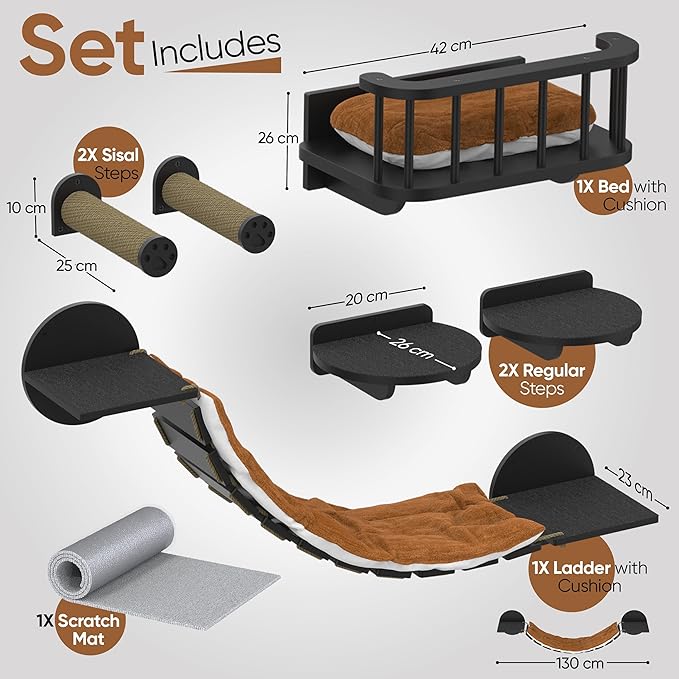 FURRY VIBES Cat Wall Shelves & Perches – 7-in-1 Cat Wall Furniture Set with Bed, Climbing Steps, Scratcher & Bridge Ladder – Black Bamboo Wall Cat Shelf for Indoor Cats-PawvioPets