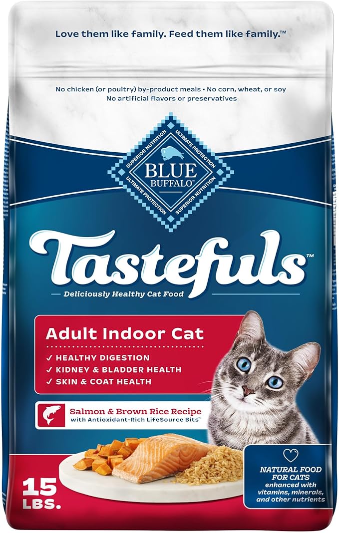 Blue Buffalo Tastefuls Natural Dry Food for Adult Indoor Cats, Salmon & Brown Rice Recipe, 15-lb. Bag-PawvioPets