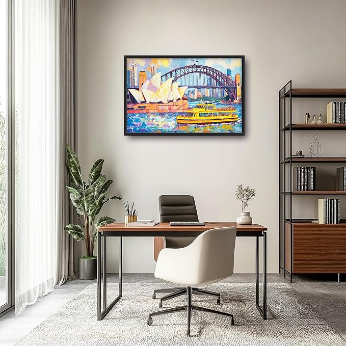 Extra Large Sydney Opera House Framed Wall Art for Living Room,Oversized Abstract Harbour Bridge Cityscape Pictures Wall Decor,Canvas Print Painting Modern Artwork Bedroom Office Bathroom 36L" x 24W"-PawvioPets