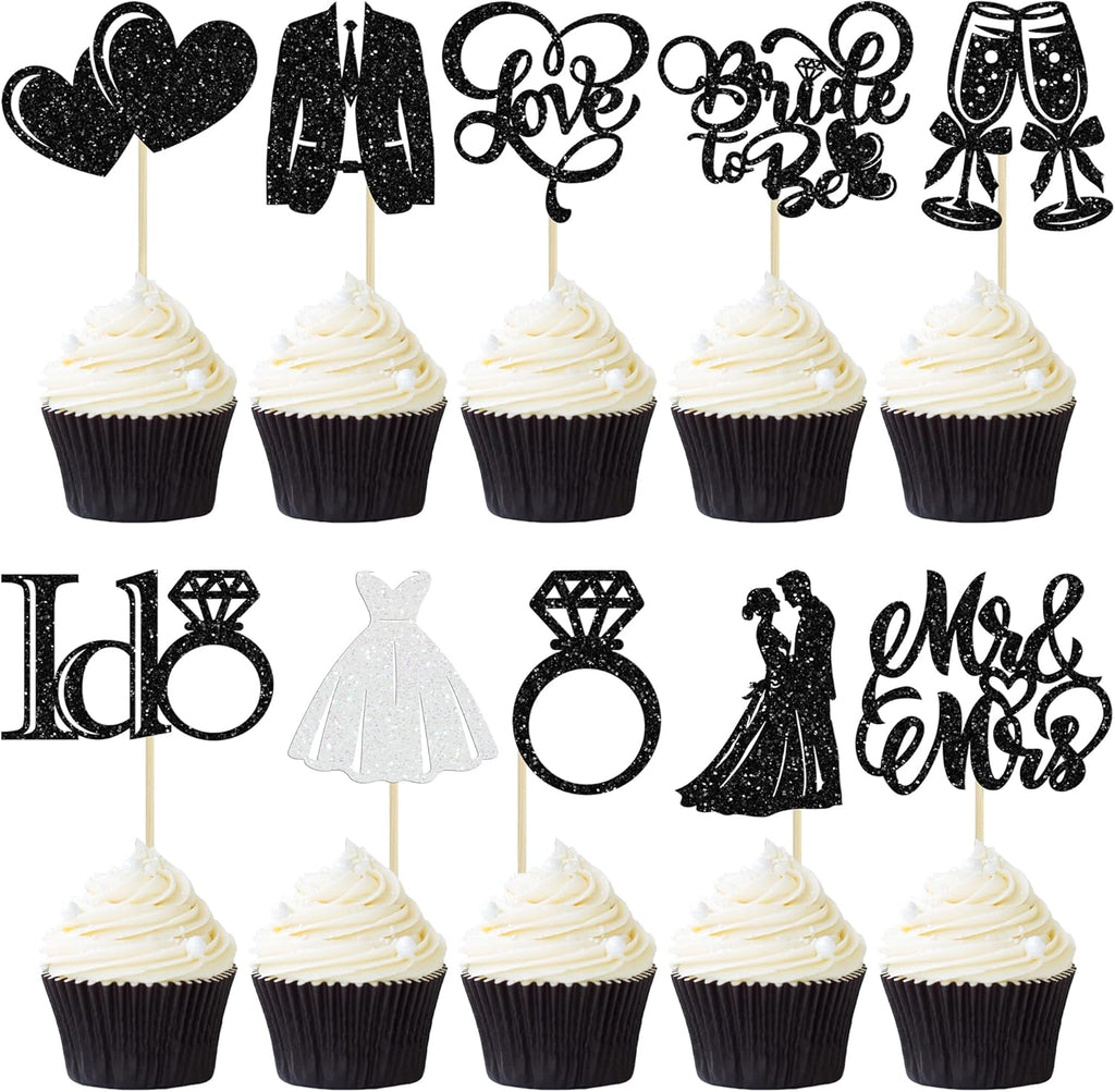 Gyufise 30Pcs Bride to Be Cupcake Toppers Glitter Diamond Ring I Do Love Cupcake Picks Miss to Mrs Bridal Shower Wedding Engagement Bachelorette Cake Decoration Black