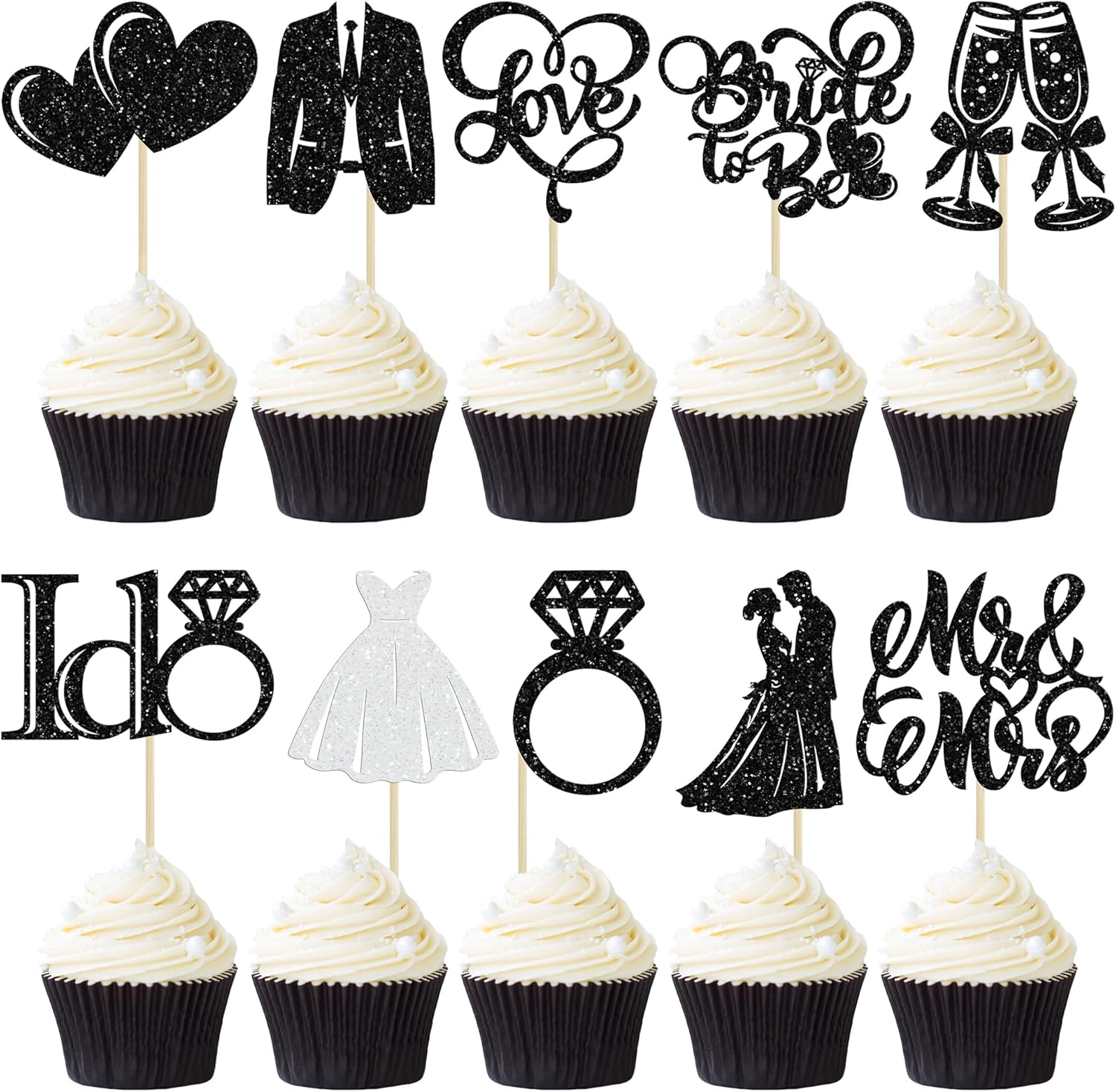 Gyufise 30Pcs Bride to Be Cupcake Toppers Glitter Diamond Ring I Do Love Cupcake Picks Miss to Mrs Bridal Shower Wedding Engagement Bachelorette Cake Decoration Black