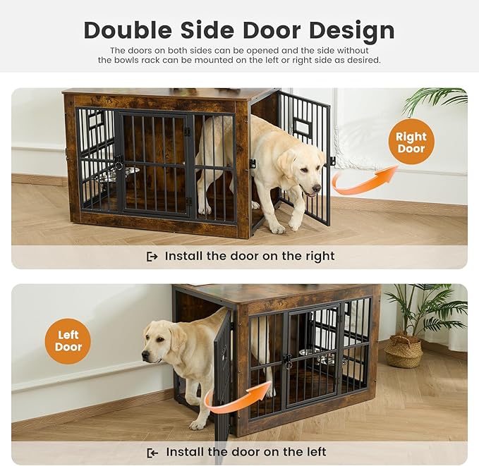 Gardner Pet Dog Crate Furniture for Medium Dogs, 32.7 Inch Dog Kennel Indoor, Wooden Dog Cage End Table with 2 Removable Bowls, Heavy Duty Dog Crate, Rustic Brown-PawvioPets