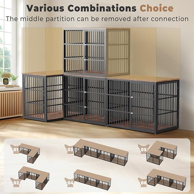 48'' XXL Dog Crate Furniture with 3 Doors,Wooden Crate End Table Heavy Duty Indoor Combination Cage for Medium to Large Dogs, Multiple Units Can be Combined-PawvioPets