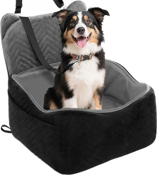 Dog Car Seat Booster with Waterproof Cover, Memory Foam, Small/Medium Dog Bed for Car Back Seat for Travel, Black/Grey, 2 Safety Belt-PawvioPets