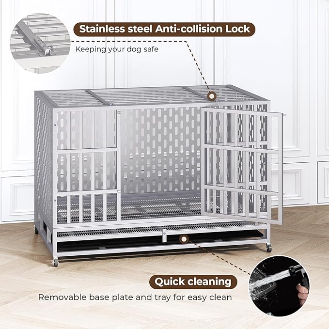 48 Inch Heavy Duty Indestructible Dog Crate Steel Escape Proof, Indoor Double Door High Anxiety Cage, Kennel with Wheels, Removable Tray,Silver,Extra Large XL XXL-PawvioPets