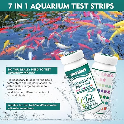 7 Way Aquarium Test Strips, 125 Count Fish Tank Test Strips for Freshwater Saltwater Pond, Water Testing Kit Aquarium for Chlorine, Total Hardness, Carbonate, Alkalinity, Nitrate, Nitrite and pH-PawvioPets