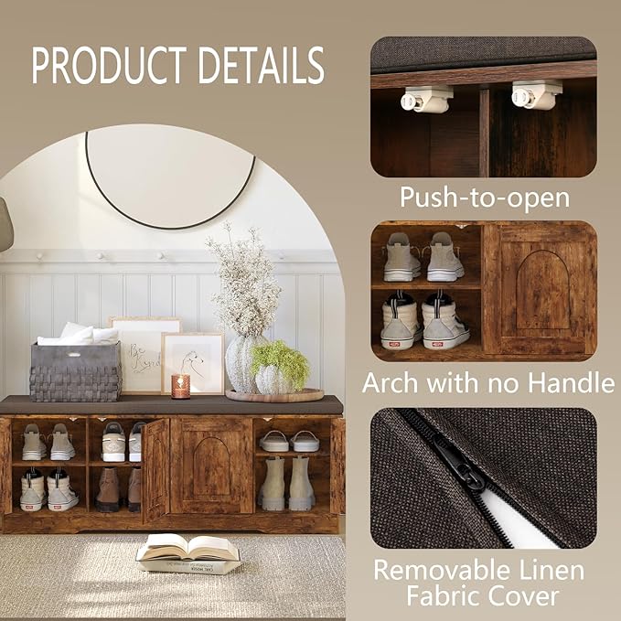 DINZI LVJ Shoe Bench, Entryway Storage Bench with Doors, Cushion, 2-Tier Shoe Rack with 8-Cubby, 47.2”L x 13.8”W Shoe Organizer Cabinet, Adjustable Shelf, Living Room, Bedroom, Rustic Brown-PawvioPets
