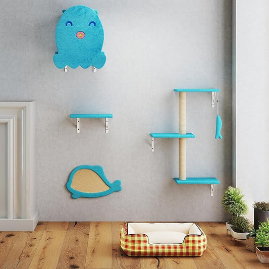 COZIWOW 4-Piece Wall-Mounted Cat Tree Set – Sturdy Wood Pet House, Scratching Board, Platforms, Sisal Posts & Blue Fish Charm – Ocean Blue-PawvioPets