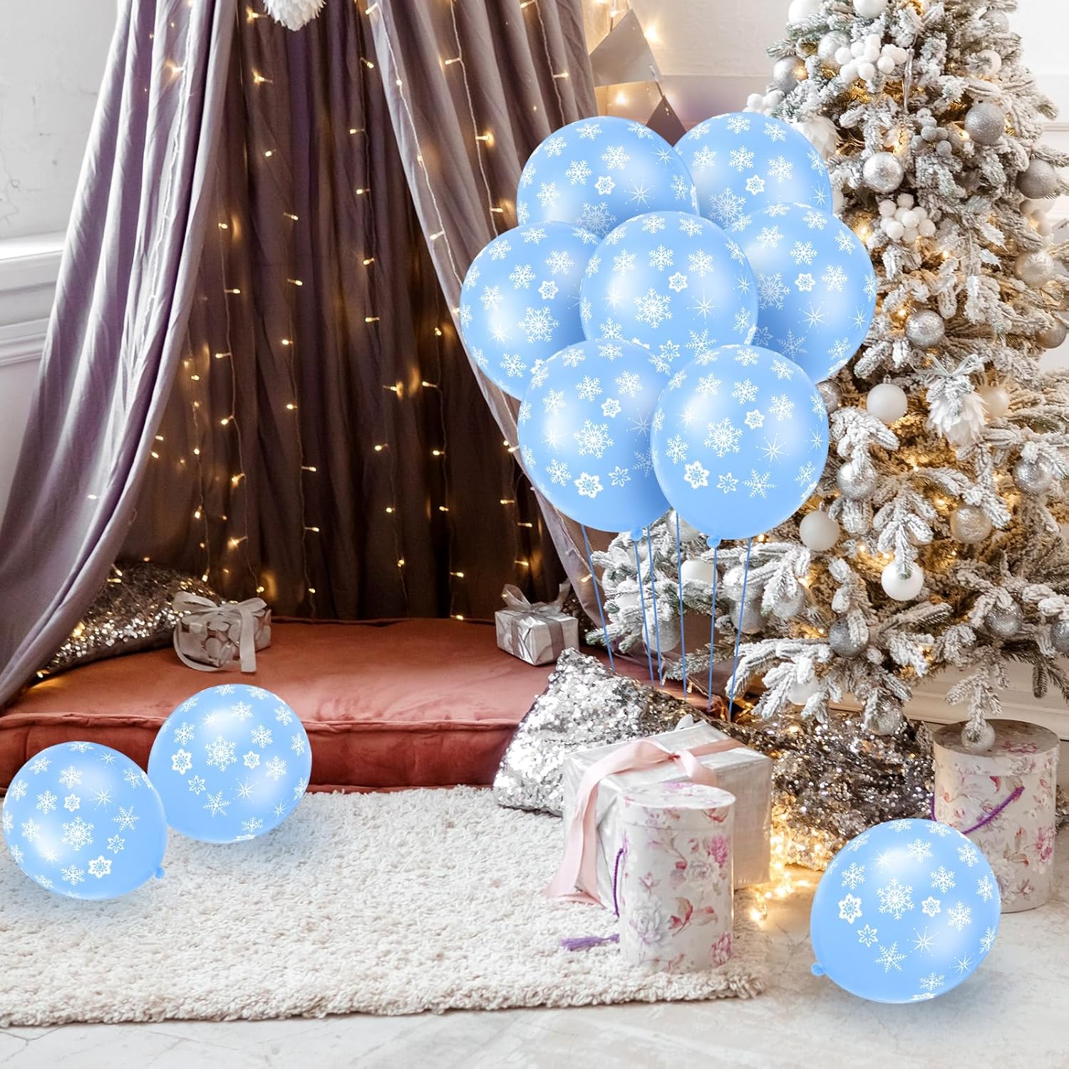 Skylety 40 Pieces Snowflake Balloons Bulk Winter Transparent Snowflake Latex Balloons for Christmas Birthday Wedding Party Decorations(Macaron Blue)