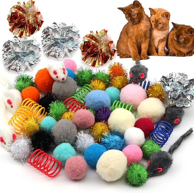 60 Pack Cat Toys - Assorted Kitten, Mouse, Crinkle & Pom Pom Balls-PawvioPets