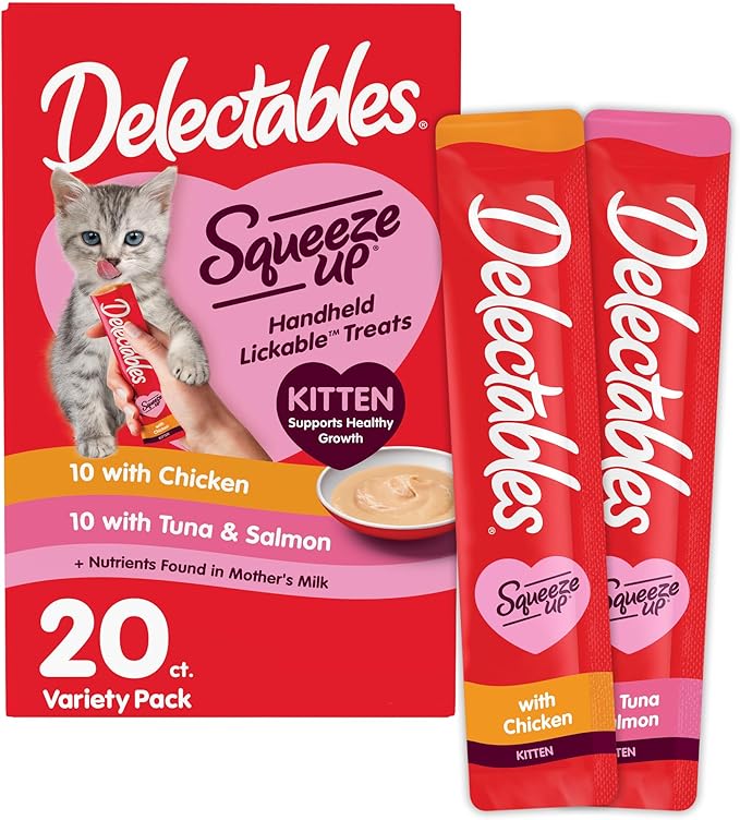 Delectables Squeeze Up Kitten Variety Pack, Creamy Squeezable Puree, Lickable Wet Cat Treats, Grain Free, No Added Fillers, No by-Products, No Added Preservatives, 0.5 Ounces Tube, 20 Tubes Total-PawvioPets
