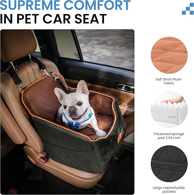 Dog Car Seat for Small Dogs - Puppy Car Seat with Safety Strap & Waterproof Padding, Portable Pet Carrier for Cars, Trucks & SUVs, Comfortable Elevated Bed for Pets Up to 35lbs (Black/Coffee)-PawvioPets