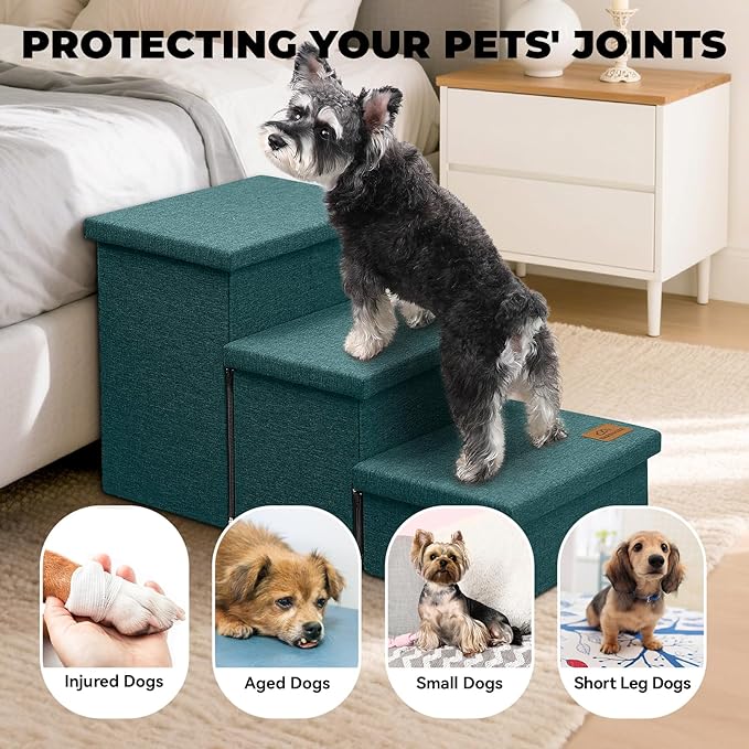 Dog Stairs with Storage 18" H, 3-Step Wider Dog Steps for Small/Medium/Large Old Dogs Cats, Folding Sturdy Pet Stairs for Climbing Bed Couch, Ramp for Car Hold Up to 200 lbs, Dark Green-PawvioPets