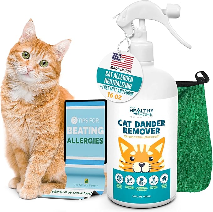 Cat Dander Remover Aloe Vera Free- Pet Dander Allergy Reducer Relief Dry Skin Spray for Cats and Humans| Cruelty-Free & Made in USA (1 Pack with Free Mitt & Ebook)-PawvioPets