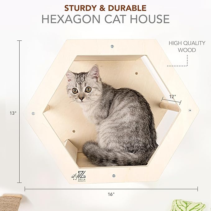 3-Piece Cat Wall Furniture Set - Hammock, Hexagon House, Climbing Steps - Wall Mounted Shelves, Perches, and Beds - Modern Design for Large Cats and Kittens & Spare Hammock Fabric Included-PawvioPets