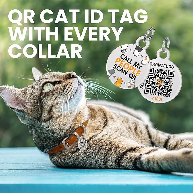 BRONZEDOG Leather Cat Collar with Removable Bells Non Breakaway Kitten QR Tag for Girl Boy (7" - 9" for Cats, Light Brown & Silver)-PawvioPets