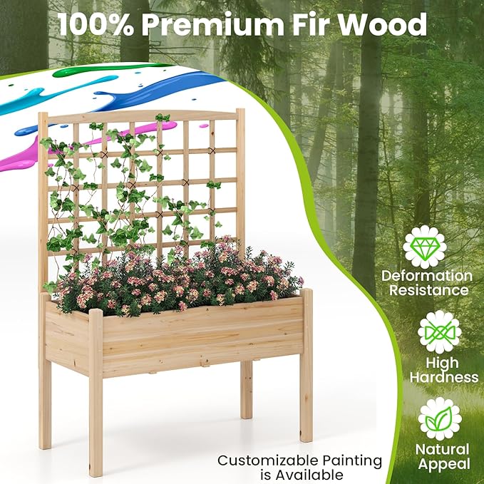 Giantex Raised Garden Bed with Trellis, Wooden Elevated Planter Box with Legs, Drainage Holes for Climbing Plants Vines Vegetables Flowers Herbs, Outdoor Horticulture Planter for Patio Yard (Natural)-PawvioPets