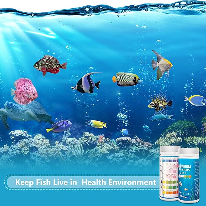 Aquarium Test Strips for Freshwater Fish: 7 in 1 Fish Tank Water Testing Kit for Aquarium Pond - Accurate Testing Nitrate Nitrite Hardness Free Chlorine pH Carbonate Total Alkalinity-100 Strips-PawvioPets