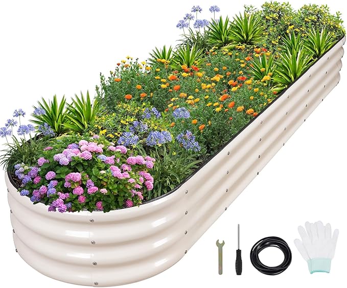 1MORE Galvanized Raised Garden Bed- Planter Garden Boxes Outdoor, Raised Beds for Gardening, 8x2x1ft Metal Garden Bed Kit for Vegetables Flower, Planter Raised Beds with Protective Tape & Tools.White-PawvioPets