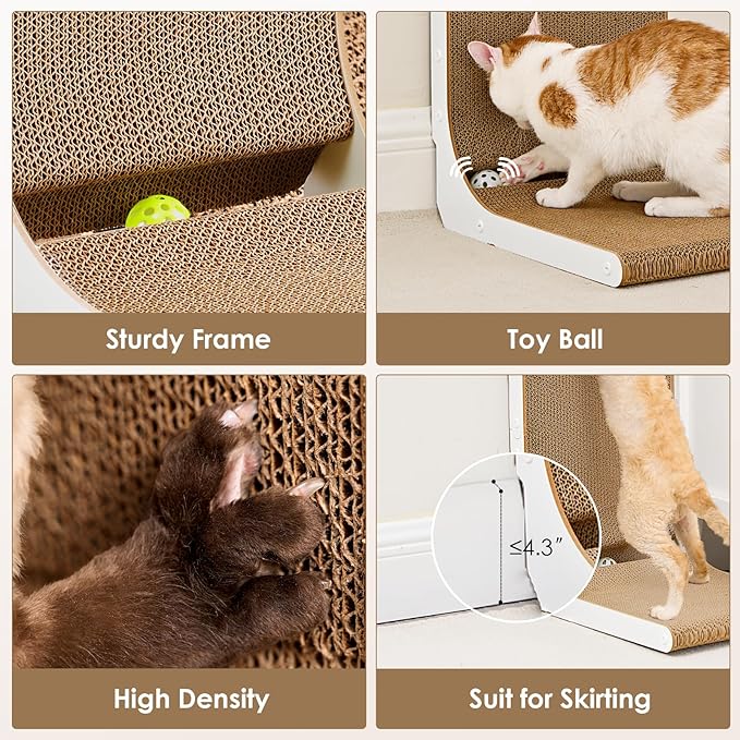 EHEYCIGA Cardboard Cat Scratcher for Indoor Cats, 26.8 Inch L Shaped Vertical Cat Scratching Board with Ball Cat Toy, Large Cat Scratcher Pad, White-PawvioPets