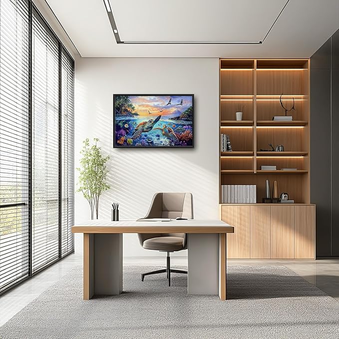 Framed Large Sea Turtle Wall Art for Living Room, Oversized Ocean Turtle Wall Decor Seascape Underwater Marine Life Canvas Painting Home Decoration for Living Room Bedroom Office 36"x24"-PawvioPets