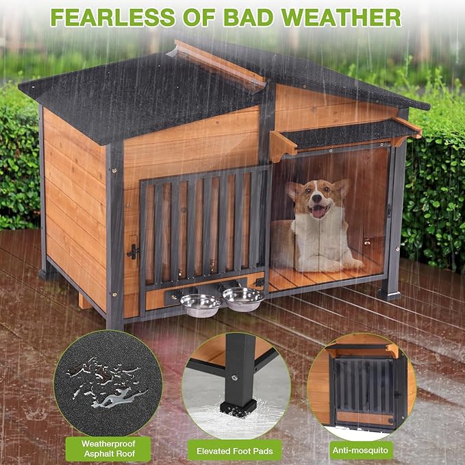 Dog House Outdoor with Bowls Weatherproof Dog Kennel with Anti-Chewing Iron Frame Dog Shelter for Small Medium Dogs-PawvioPets