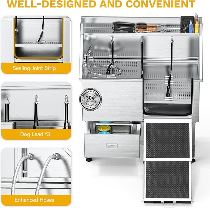 DWVO Professional Dog Bathing Station Stainless Steel 304 Dog Bathtub 50in for Grooming w/Left Door Ramp, 2 Storage Drawers, Faucet, Grate, Pet Washing Station for Large, Medium, Small Pets-PawvioPets