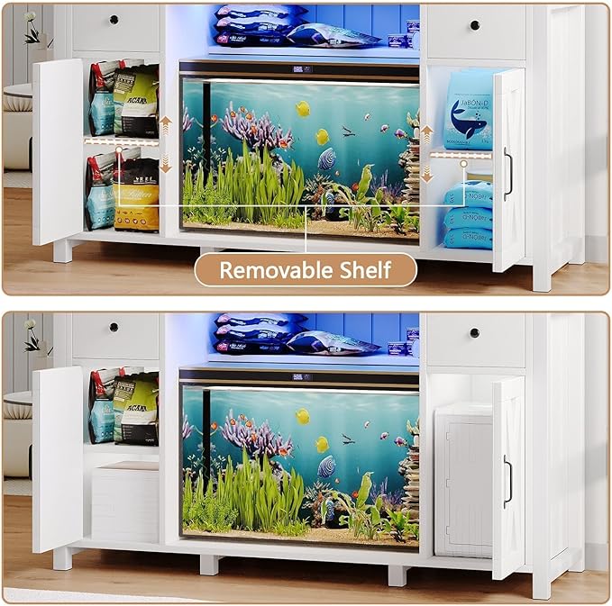 75 Gallon Fish Tank Stand with LED Light & Power Outlets, 55-75 Gallon Aquarium Stand with 2 Drawers & 2 Barn Doors, 52" L x 20" W Cabinet for 2 Fish Tank Accessories Storage, Turtle Tank, White-PawvioPets
