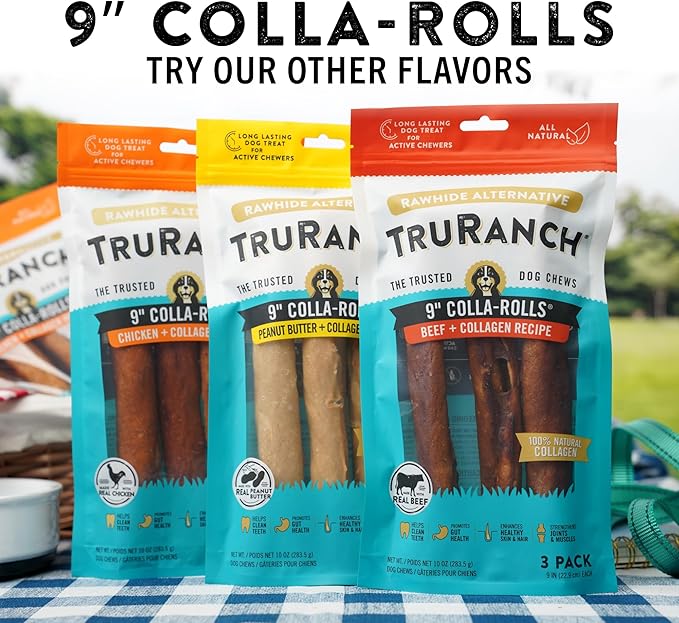 Collagen Rolls - 9" Collagen Rolls for Dogs - Long Lasting Healthy Joint Support Dog Treat - Rawhide Alternative - Skin & Coat Health - Made with Real Peanut Butter, 1 Bag, 3 Count-PawvioPets