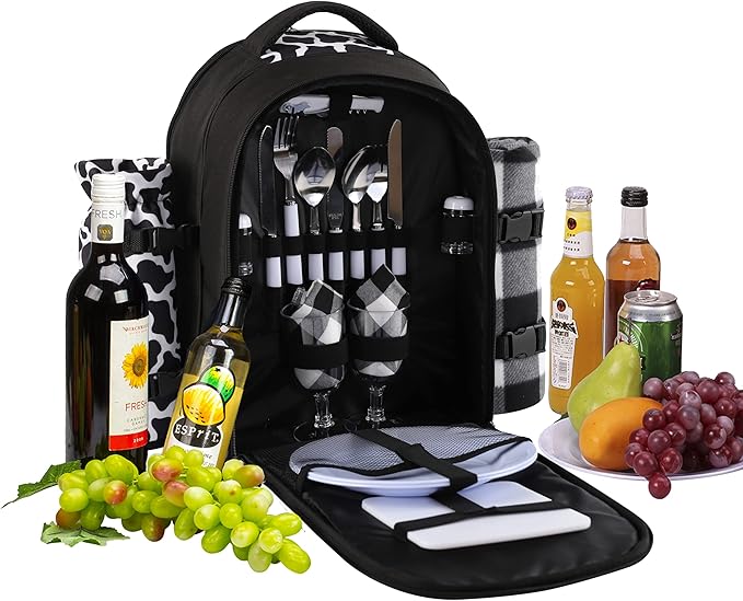 apollo walker Picnic Backpack Bag for 2 Person with Cooler Compartment, Detachable Bottle/Wine Holder, Fleece Blanket, Plates and Cutlery Set (2 Person, Black)-PawvioPets