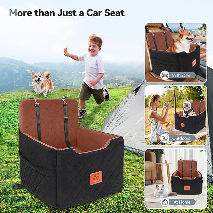 Dog Car Seat for Small/Medium Dogs Under 35lbs,Memory Foam Dog Booster Seats,Detachable and Washable Traval Pet Car Seat, Dogs Bed with 2 Safety Belts(Balck/Brown)-PawvioPets