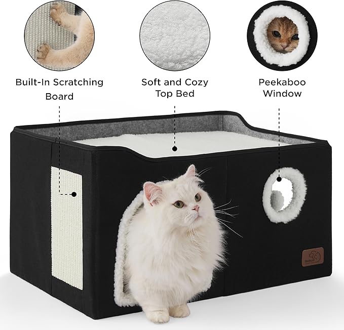 Bedsure Large Cat Beds for Indoor Cats - Extra Wide Cat Cube House for Small Pet with Fluffy Ball Hanging and Scratch Pad, Foldable Pet Cave Hideaway for Multiple Cats, 23.6x16.9x13 inches, Black-PawvioPets