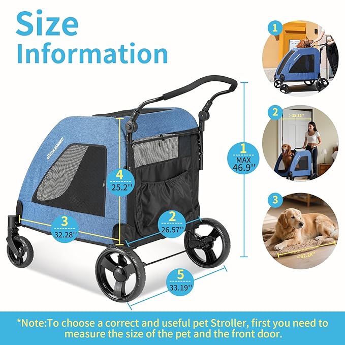 EchoSmile Heavy-Duty Large Dog Stroller with Shock-Absorbing Wheels, Foldable Pet Travel Carrier for Medium & Large Dogs, 5 Mesh Windows, 160 lbs Capacity, Easy Assembly & Storage-PawvioPets