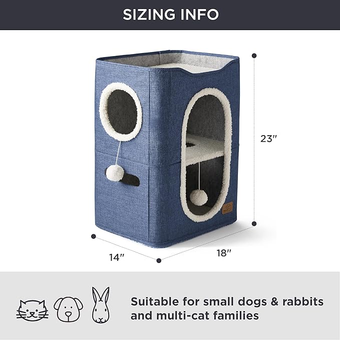 Bedsure 2 Story Cat House - Cat Condos for Indoor Cats with Scratch Pad and Fluffy Ball Hanging, Small Pet Cave Furniture Hideaway for Multi Pets, 18x14x23 inches, Blue-PawvioPets