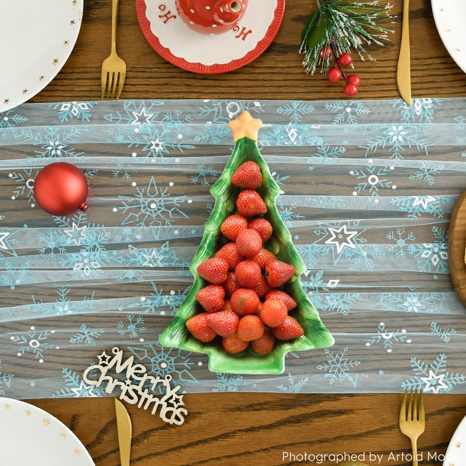 Artoid Mode Blue Snowflakes Christmas Gauze Table Runner 120 Inch 10FT, Winter Seasonal Sheer Dining Holiday Wedding Table Decor for Home Party