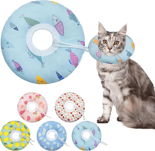 Cat Cone Collar Soft, Spay Soft Cones to Stop Licking, Cat Neck Donut Pillow After Surgery, Spay Cones for Kittens, Soft Recovery Cone for Cats, Elizabethan Kitten Cones (Blue Fish, Medium)-PawvioPets