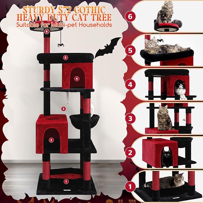 Globlazer Heavy Duty Gothic Cat Tree, 72in Large Cat Tower with Coffin Bed, Sturdy Maine Coon Cat Tree for Large Cats 20 lbs+, Medieval Castle Style with 6 Scratching Posts & Hammock, S72, Black & Red-PawvioPets
