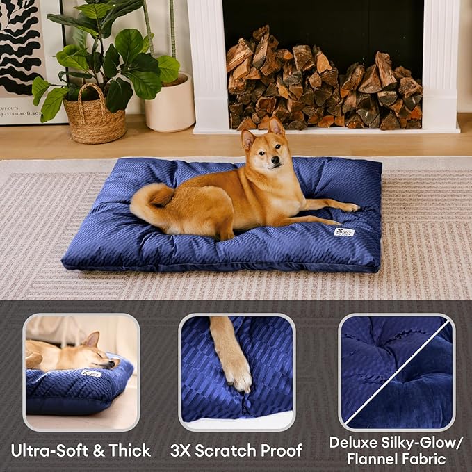 FUNNY FUZZY 2 in 1 Dog Bed Crate Pad Mat, Washable Reversible Pet Floor Mats,Fluffy Kennel Pad for Small Large Sized Dog,Indoor Cats,Sleeping Mattress,35.4" × 22.8", Midnight Blue-PawvioPets