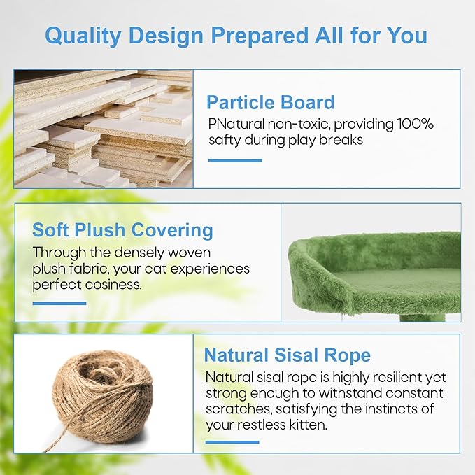 FDW Cat Tree 70in Cat Tower Multi-Level Durable Cat Scratching Post & Cozy Fun Cat Jumping Platform Space Saving Cat Condo Pet Play House for Indoor Cats,Green-PawvioPets