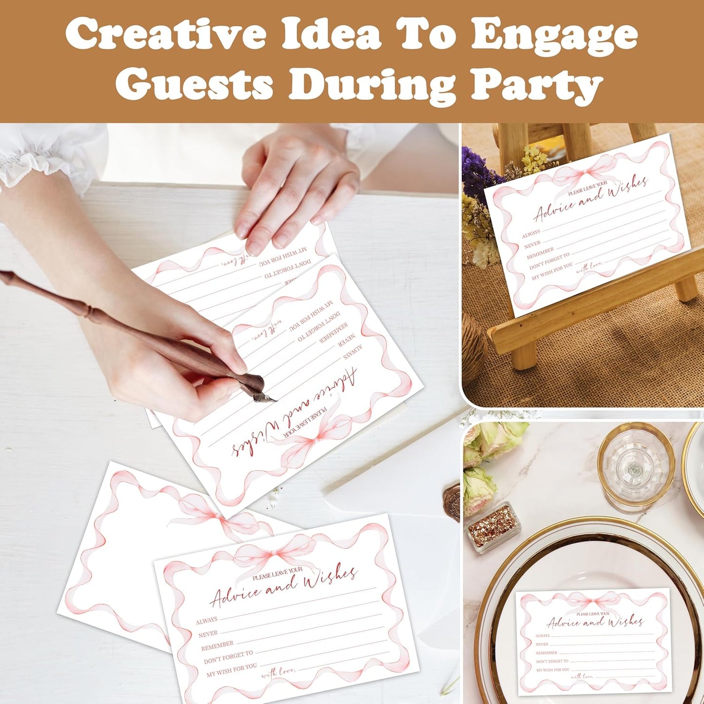 Advice And Wishes Cards (25pcs), Pink Bow Advice Cards For Mr And Mrs, Bride And Groom, New Parents, Bridal Shower, Baby Shower, Engagement, Wedding, Bachelorette Party Games Decor -A10