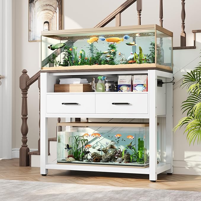 40-49 Gallon Fish Tank Stand with Two Storage Drawers, Heavy Duty Aquarium Stand with Waterproof Mat, Sturdy Metal Frame, 800 LBS Capacity Storage Cabinet, White-PawvioPets