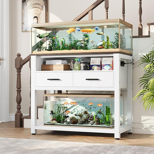 40-49 Gallon Fish Tank Stand with Two Storage Drawers, Heavy Duty Aquarium Stand with Waterproof Mat, Sturdy Metal Frame, 800 LBS Capacity Storage Cabinet, White-PawvioPets