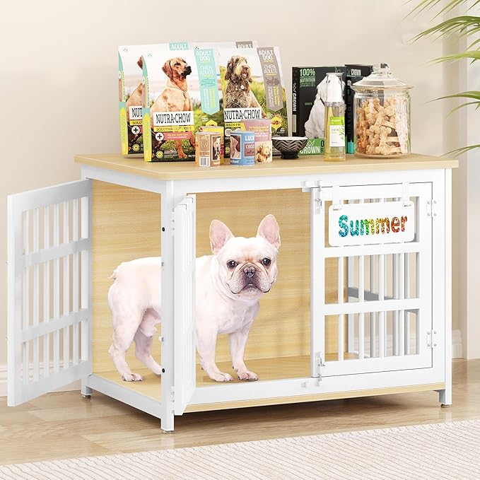 EasyCom 33" Dog Crate Furniture with Name Tag, Heavy Duty Dog Kennel Indoor for Medium and Small Dogs, Double-Doors Sturdy Metal Dog Cage, Decorate House as TV Stand, End Table, Bedside Table-PawvioPets