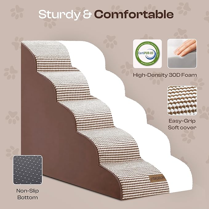 Curved Dog Stairs for High Bed Up to 26", 5-Step Dog Ramp for Small Dogs with Washable Cover, Non-Slip Steps for Cats to Get on Couch and Sofa, Durable Foam Ladder for Medium Breeds, White Coffee-PawvioPets