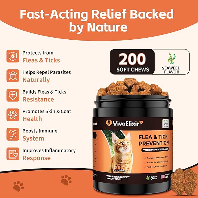 Flea & Tick Treatment for Cats – Natural Flea, Tick & Mosquito Prevention with Brewer’s Yeast, Coconut Oil – Skin & Coat Health, Immune Support – Vet Formulated 200 Chews-PawvioPets
